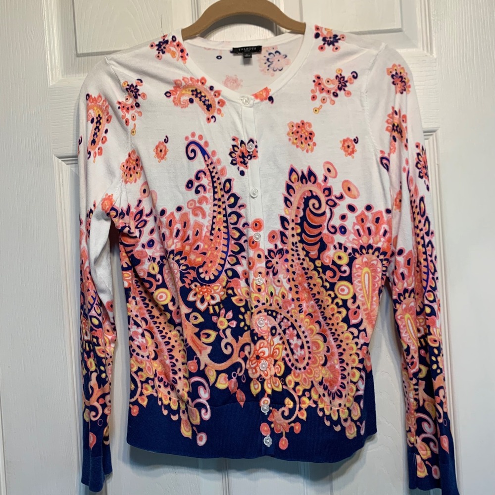 Talbots Cardigan LP Petite Paisley Cardigan Sweater Boho Preppy Coastal Colorful